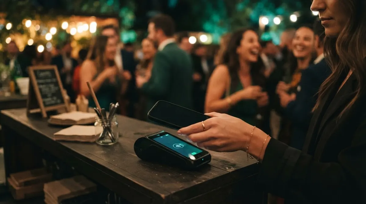 A phone held over a card terminal at an evening event